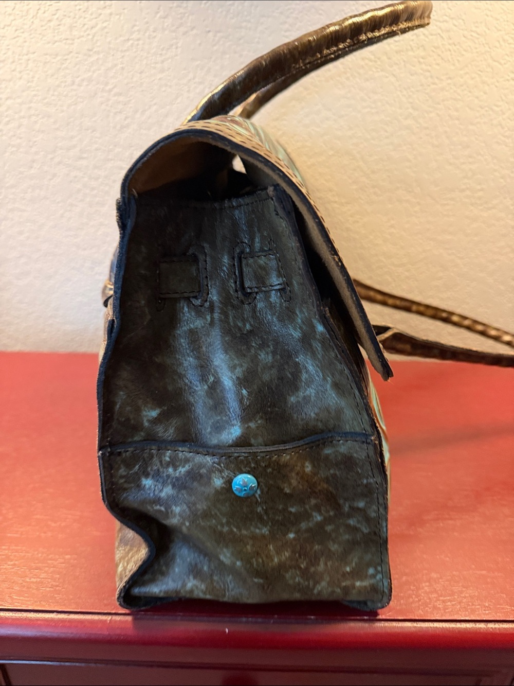 Patricia Nash Turquoise and Brown Tooled Floral Leather Satchel - Picture 6 of 10